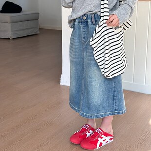儿童洋气磨白半身裙女童时髦百搭中长款开叉牛仔裙中大童春季裙子