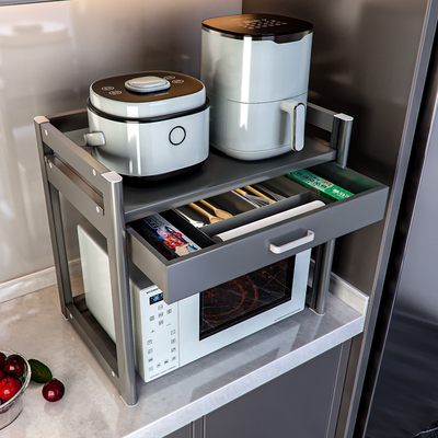高端微波炉架厨房烤箱架子置物架台面带抽屉放电饭锅的一体收纳架