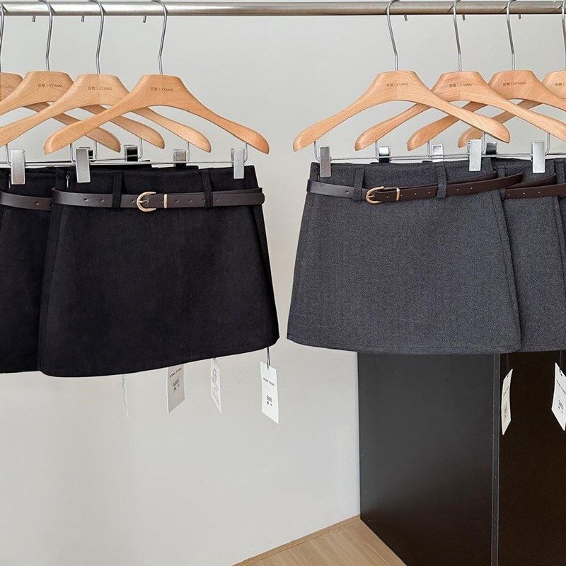 24秋冬百搭灰色毛呢半身裙女新款高腰显瘦磨毛西装a字短裙配腰带