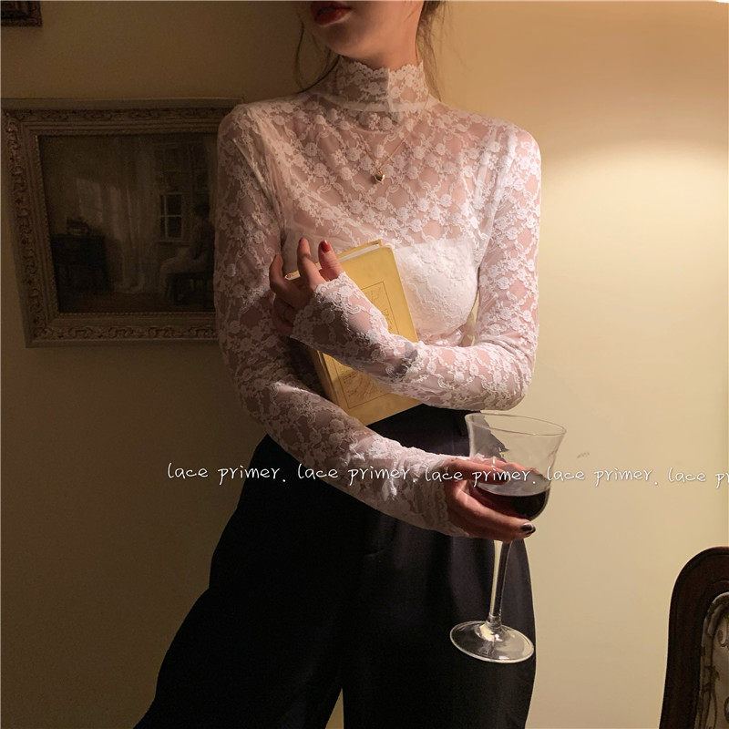 蕾丝打底衫女春秋夏季薄款2021新款洋气内搭高领网纱白色长袖上衣,女装/女士精品,蕾丝衫/雪纺衫,淘宝优惠券,粉丝福利购,淘宝优惠卷