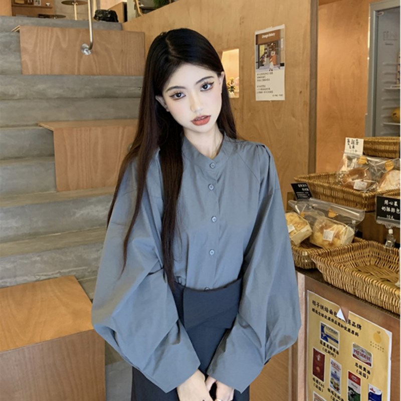 春季法式气质套装女复古长袖灯笼袖衬衫女中长款翻边半身裙两件套