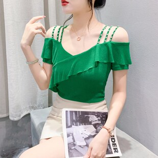 设计感荷叶边钉珠上衣女性感一字领露肩短袖T恤洋气吊带网纱小衫