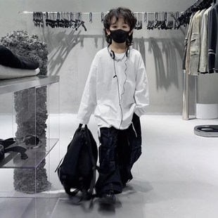 秋冬男女童潮酷hiphop街舞上衣纯白色破洞打底衫长袖t恤宽松童装