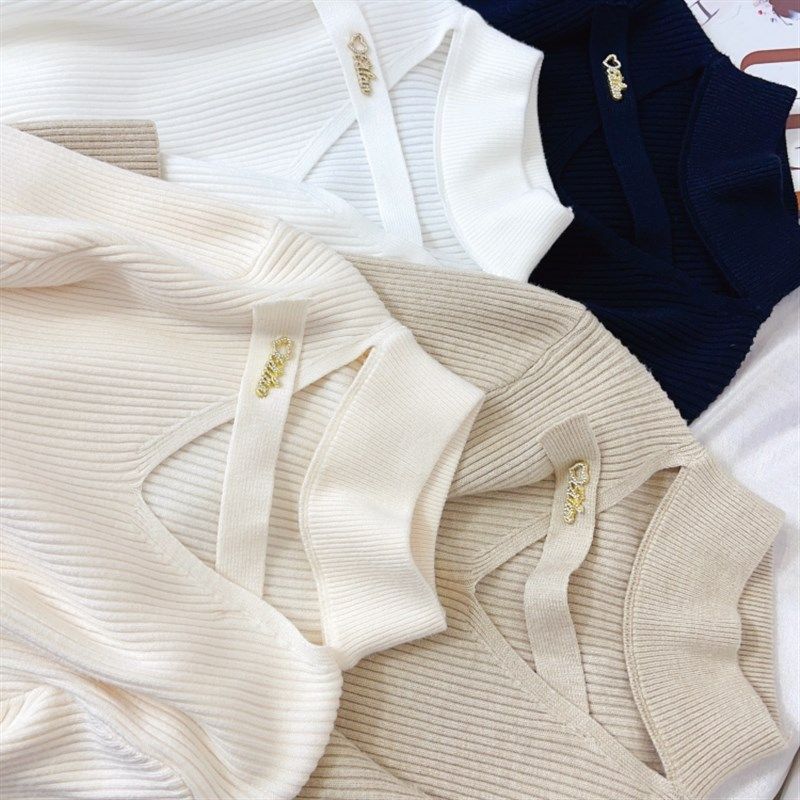 镂空挂脖半高领打底针织衫女装秋冬新款气质修身显瘦内搭毛衣上衣