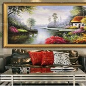 饰画挂画 手绘欧式 客厅装 有框画 幸福家园 风景山水油画天鹅湖