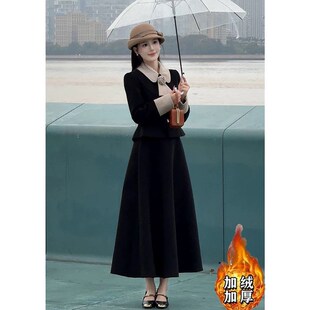 大码女装气质蝴蝶结显瘦上衣法式千金风复古保暖收腰半身裙两件套