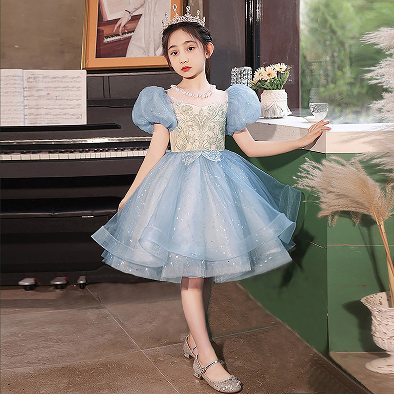 女童礼服蓝色儿童法式高级感花童公主裙女孩主持人钢琴演出服夏季