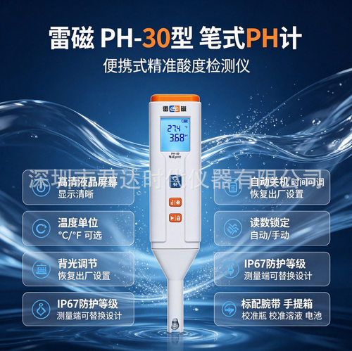 雷磁PH-30笔式pH计便携式酸度计IP67防水水质酸碱度测试PH检测笔