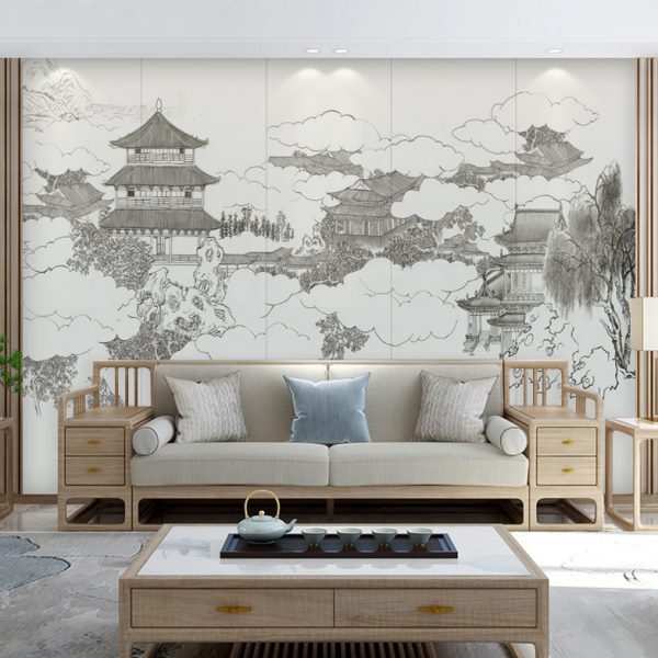 现代新中式山水墙纸楼阁雅致意境风壁画客厅沙发背景墙布茶室壁纸