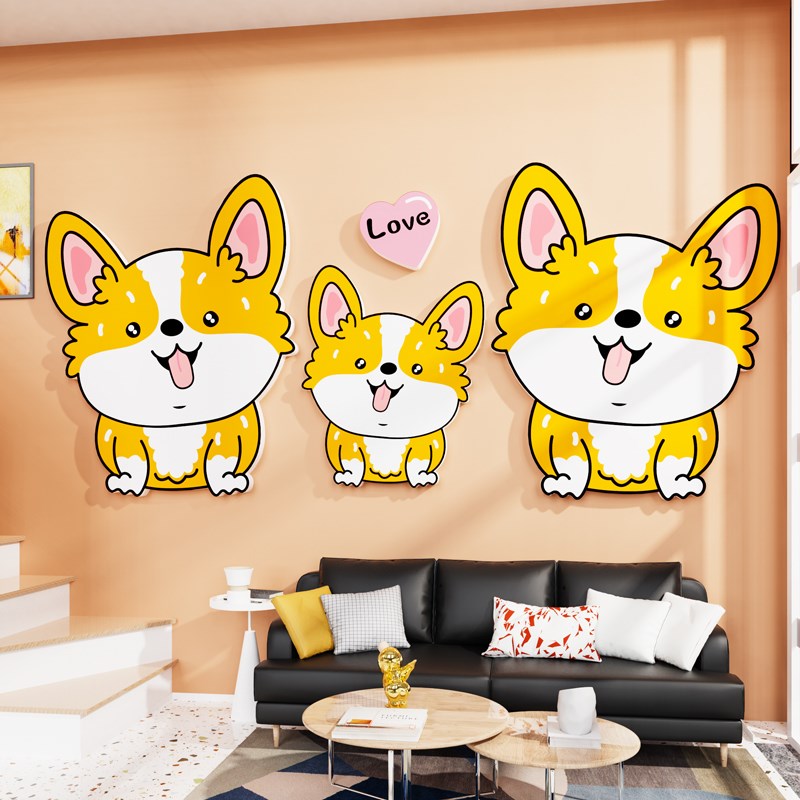 卡通柯基d立体墙贴纸画儿童卧室床头墙面装饰布置小房间改造用品