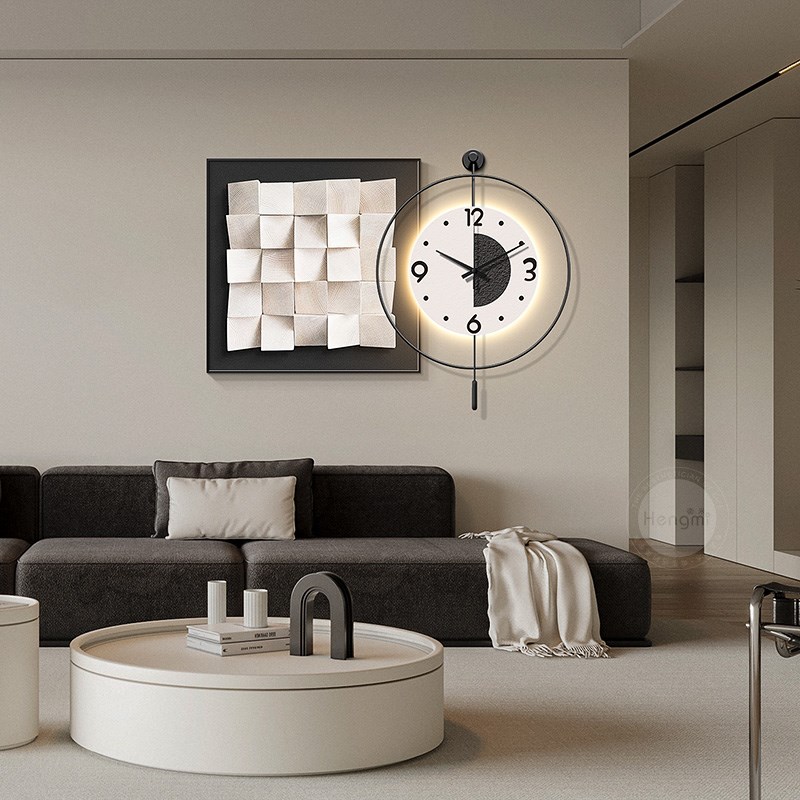抽象几何餐厅装饰画带挂钟极简高级感客厅挂画大气饭厅墙壁灯画