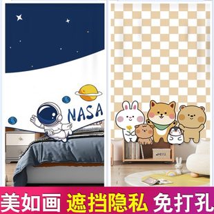 饰挂帘 卡通布艺门帘家用卧室隔断帘子厨房遮挡半帘卫生间免打孔装