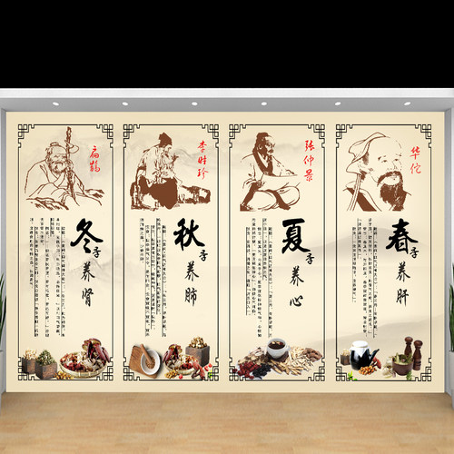 中医养生馆背景装饰画春夏秋冬四季养生图门诊院壁画定制墙纸