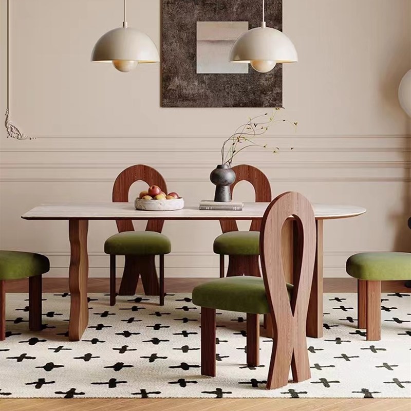 法式实木餐桌椅饭厅家用洞石岩板设计师侘寂风半椭圆岛台餐桌