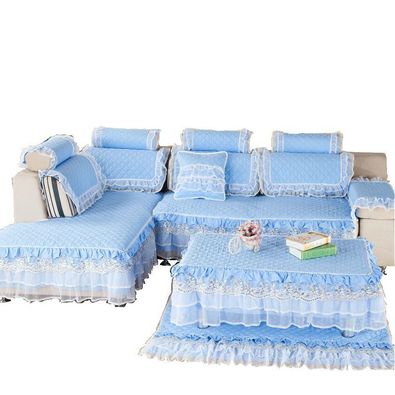 沙发垫布艺全棉纯色四季新款防滑蕾丝花边田园贵妃罩子