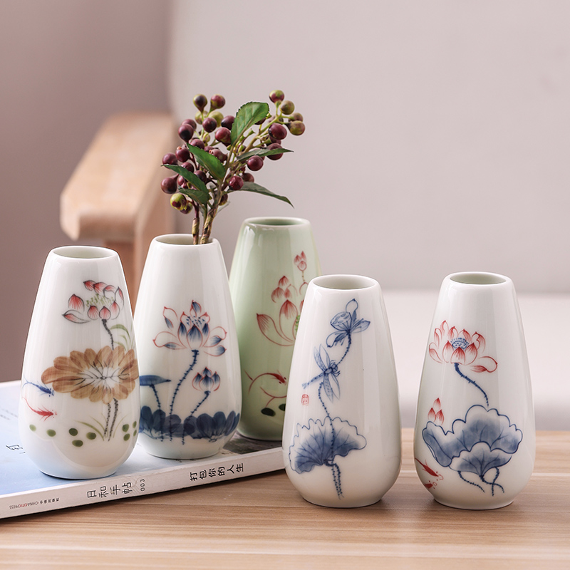 青瓷手绘小花瓶茶桌装饰插花绿萝水培花器摆件陶瓷创意迷你小瓷瓶