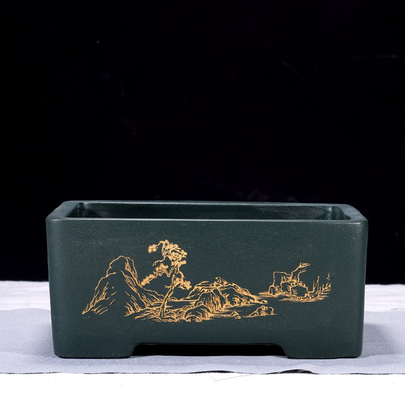 紫砂花盆长方形马槽盆景盆室内陶瓷树桩盆简约刻绘手工文竹盆促销