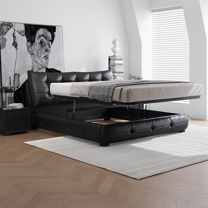 圣卡纳大黑熊黑色意式极简软包真皮高箱储物双人床大主卧高端大气