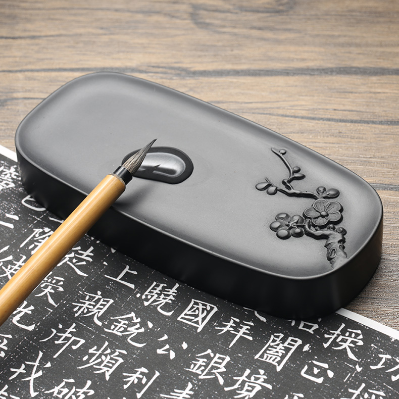 歙砚文房《寒梅傲雪》天然原石砚台书法绘画小中楷笔研墨镇纸砚端