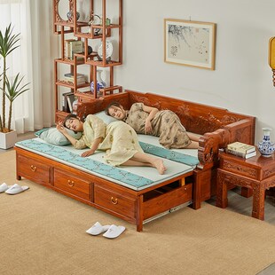 老榆木推拉罗汉床推拉床实木小户型伸缩两用沙发客厅抽拉式榻
