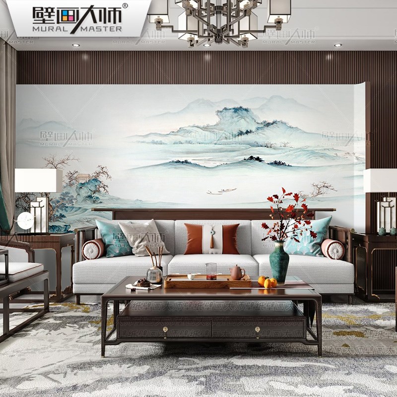 2024新款壁布电视背景墙纸国风中式壁纸意境山水装饰墙布硬包壁画