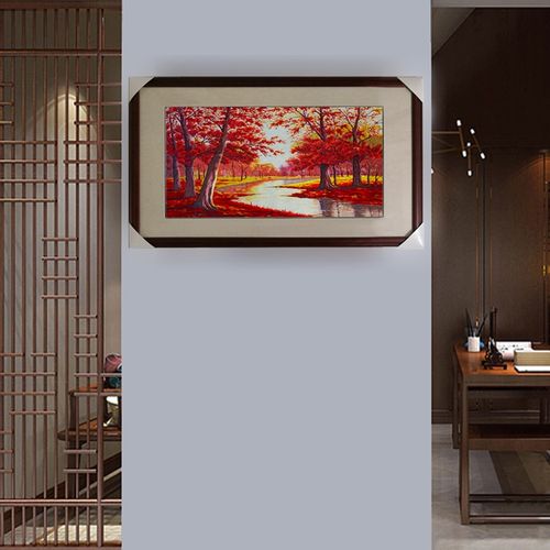 苏绣乱针绣红枫手工绣成品欧式油画刺绣品客厅玄关卧室书房挂画