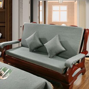 红实木质沙发坐垫加厚海绵带靠背中式 防滑垫子 联邦椅纯色棉麻四季