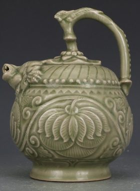 宋耀州窑青釉提梁壶古董古玩收藏品复古瓷器老物件窖藏瓷器摆件