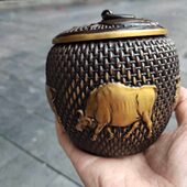 古玩铜器收藏纯铜鎏金五牛图茶叶罐储存罐 包浆老道家居工艺摆件