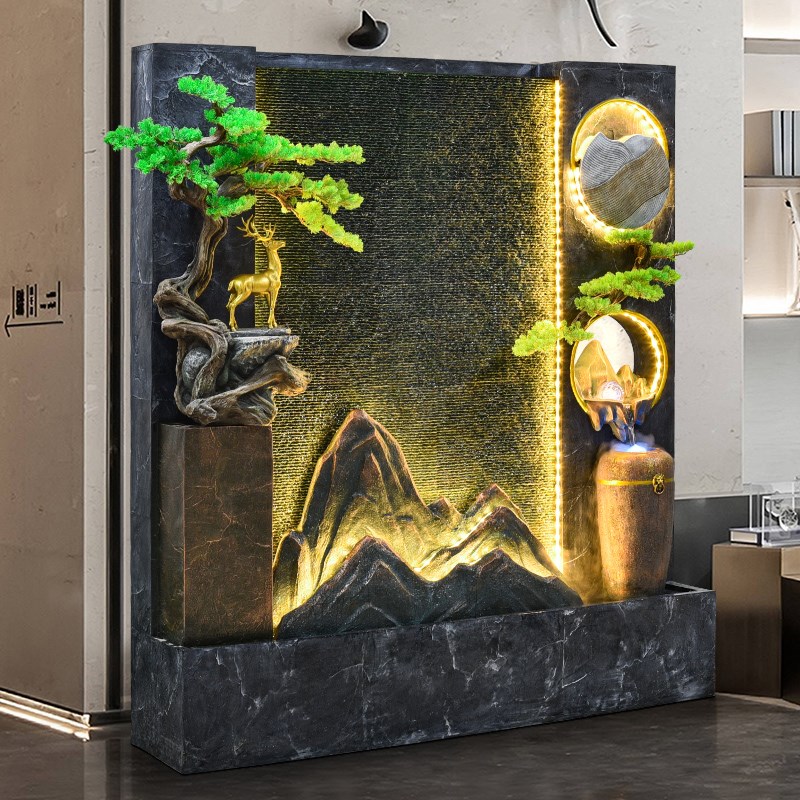 大型水幕墙流水假山喷泉鱼池隔断屏风玄关摆件客厅办公室酒店装饰