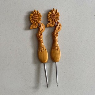 黄檀向日葵木柄钩针纯手工打磨不锈钢针头diy编织钩针工具