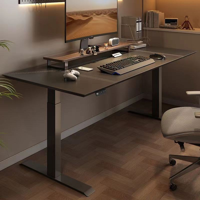 网红电动升降桌电竞桌马鞍皮电脑桌工作台站立式办公家用学习书桌