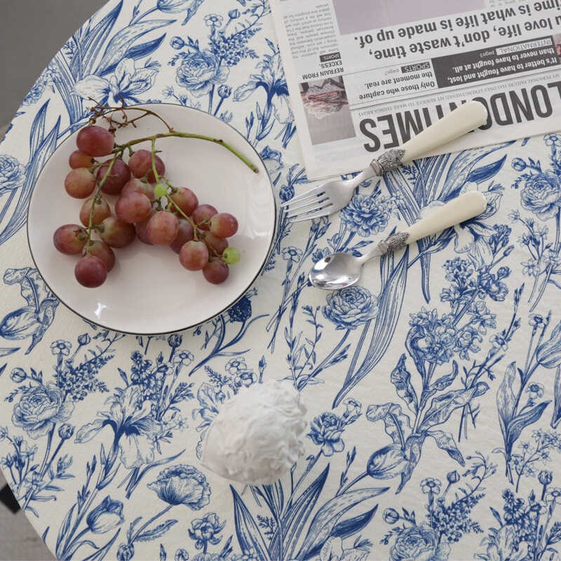 法式中国风兰花餐桌布 青花瓷桌布花园茶几圆桌布长方形拍照盖布