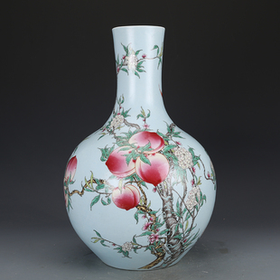 花瓶清雍正瓷器粉彩九桃天球瓶仿古瓷器古董古玩老货收藏陶瓷花瓶