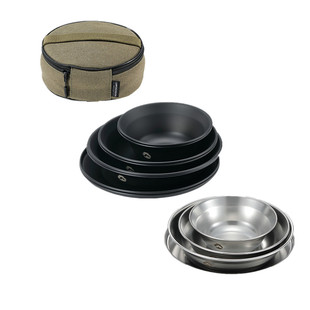 柯曼户外304不锈钢餐碟碗盘汤盆4/8套装露营黑化餐具便携防摔餐碗