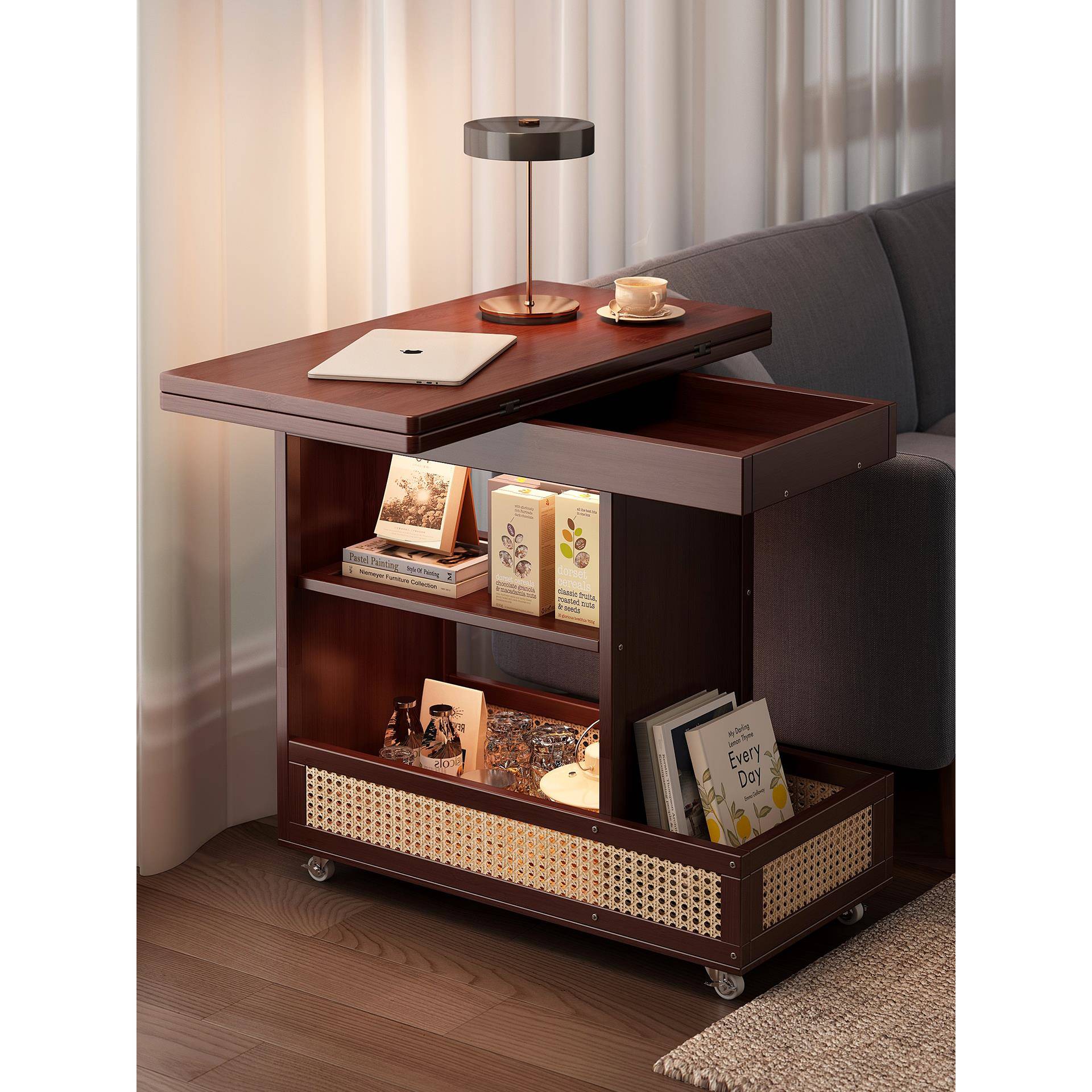 移动茶几边几沙发侧边储物柜客厅家用小户型实木中古推车折叠桌子