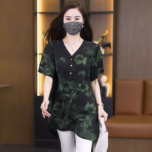 大码短袖雪纺衬衫女2024夏季新款上衣洋气宽松时尚遮肚中长款衬衣