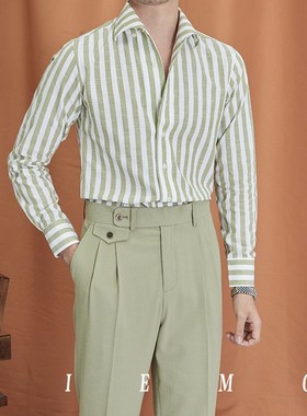 意式那不勒斯老钱风一片领条纹衬衫男士高定英伦绅装商务长袖衬衣