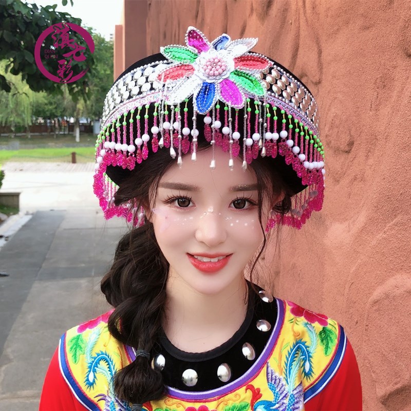 精品苗族帽黑色圆盘帽子手工串珠民族女帽云南贵州民族服装配饰帽