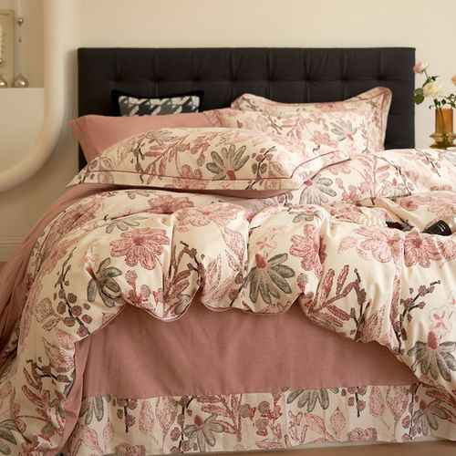 全棉田园印象风复古加厚磨毛床上四件套纯棉花卉被套床笠床单款