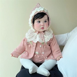 拉果拉婴儿粉色公主毛衣针织衫绣花抱婴袋裤套装女宝宝百天周岁礼