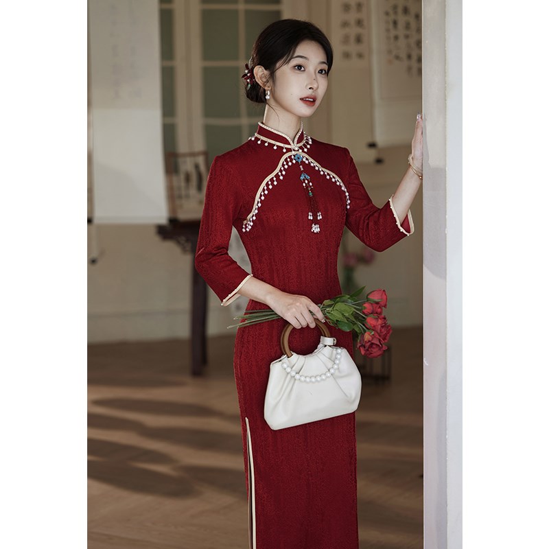 红色旗袍新中式敬酒服新娘2024新款结婚改良订婚礼服裙女秋冬长袖