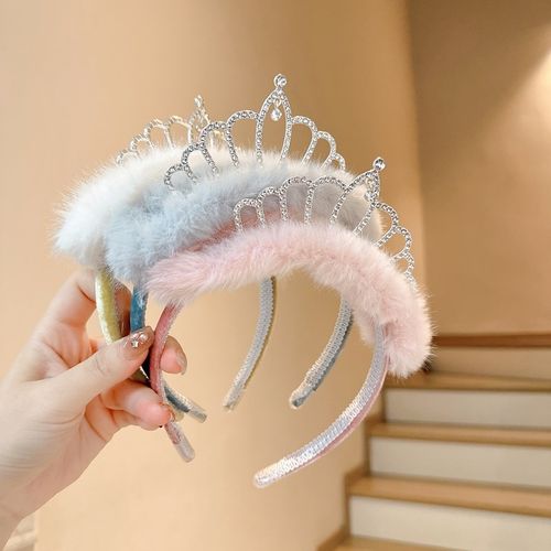 韩国新款气质皇冠水钻发箍秋冬毛绒绒可爱卡通洗脸头箍小公主发卡