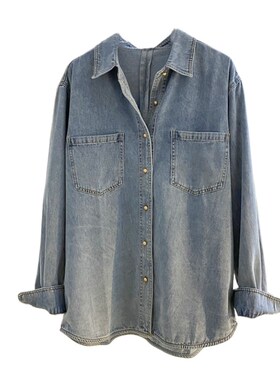 浅蓝色牛仔衬衫女春秋冬时髦内搭叠穿衬衣宽松双口袋复古港风上衣