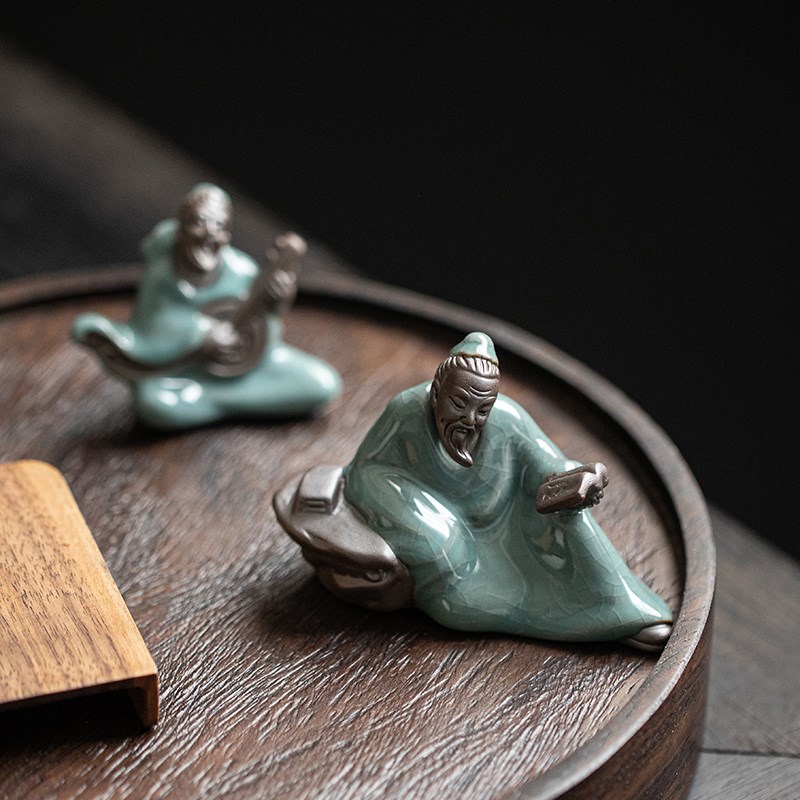 禅意陶瓷历史人物茶宠摆件哥窑开片可养手工茶玩茶桌花盆装饰摆设