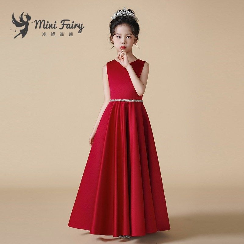 女童钢琴演出服儿童艺考小提琴比赛表演服红色气质长裙生日晚礼服