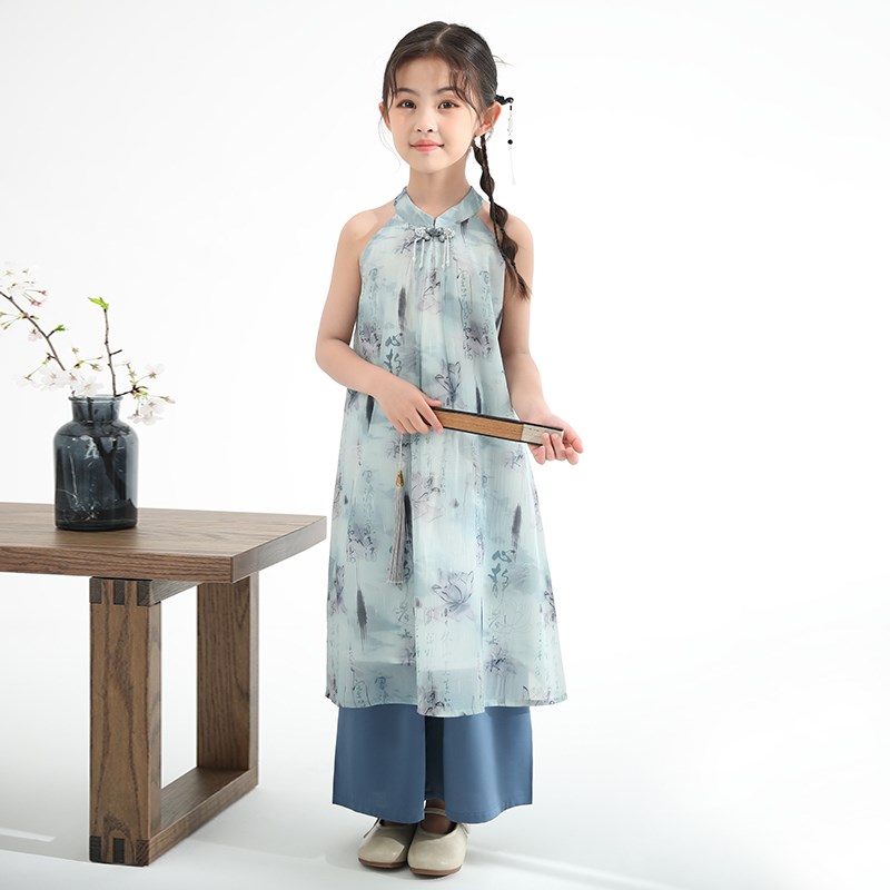 新中式女童雪纺旗袍裙中长款改良版中国风2024夏季飒气国风裙子