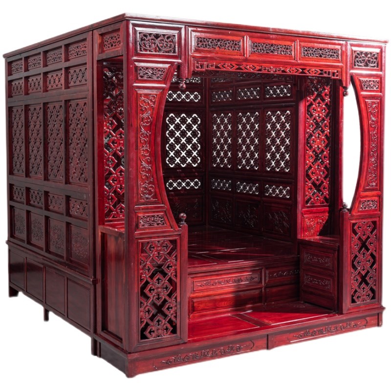 红花梨木色千工拔步床民宿踏步床实木月洞床明清宫廷架子床古代床