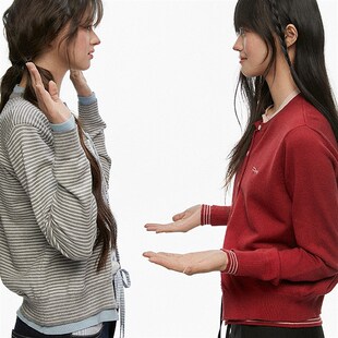 CyNi  简约甜美圆领休闲宽松双色假两件针织开衫毛衣女新款