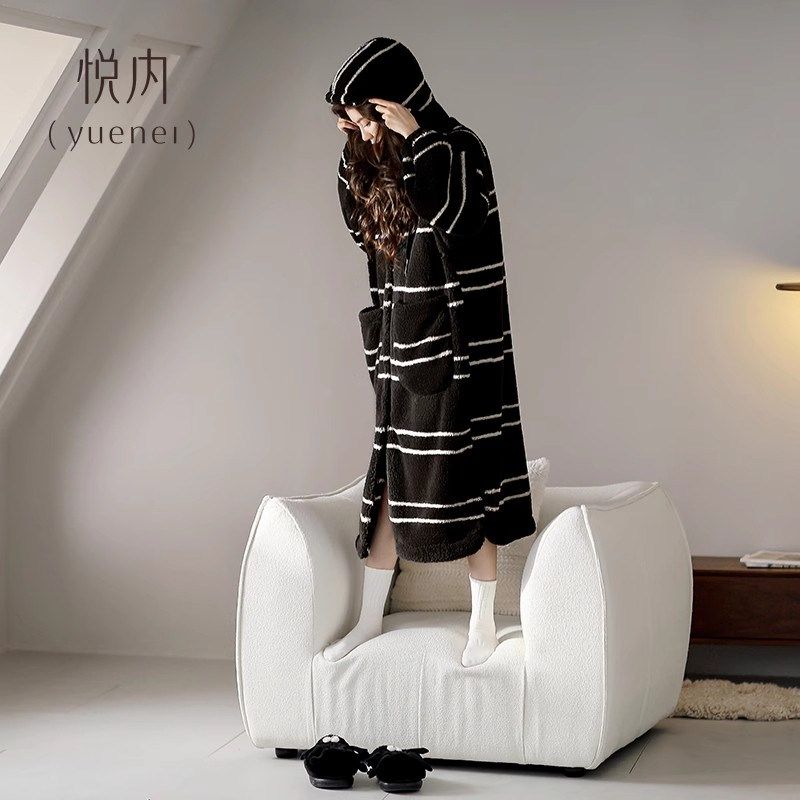 悦内睡袍女睡衣睡裙秋冬季冬款法兰绒加绒加厚珊瑚绒长款条纹大码,女士内衣/男士内衣/家居服,睡袍/浴袍,淘宝优惠券,粉丝福利购,淘宝优惠卷